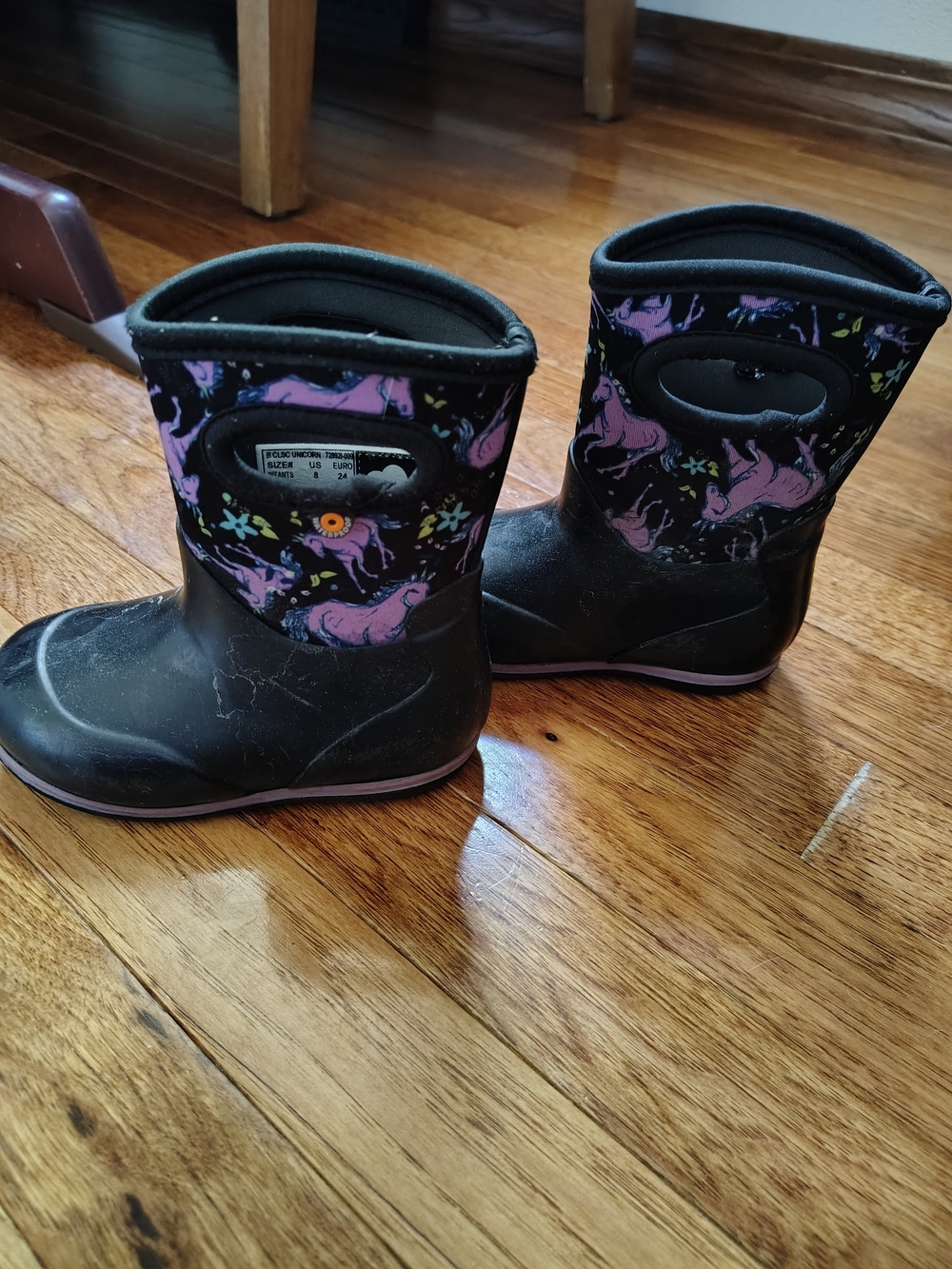 Bogs Black Rain Boots with Purple Unicorn Print